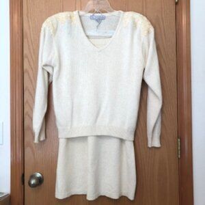 Vintage Fallani Knits Silk Angora Sweater Suit White Cream Ivory Sequins Large
